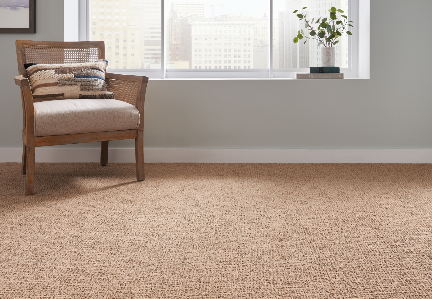 Textured tan carpet installed in a bright office sitting area
