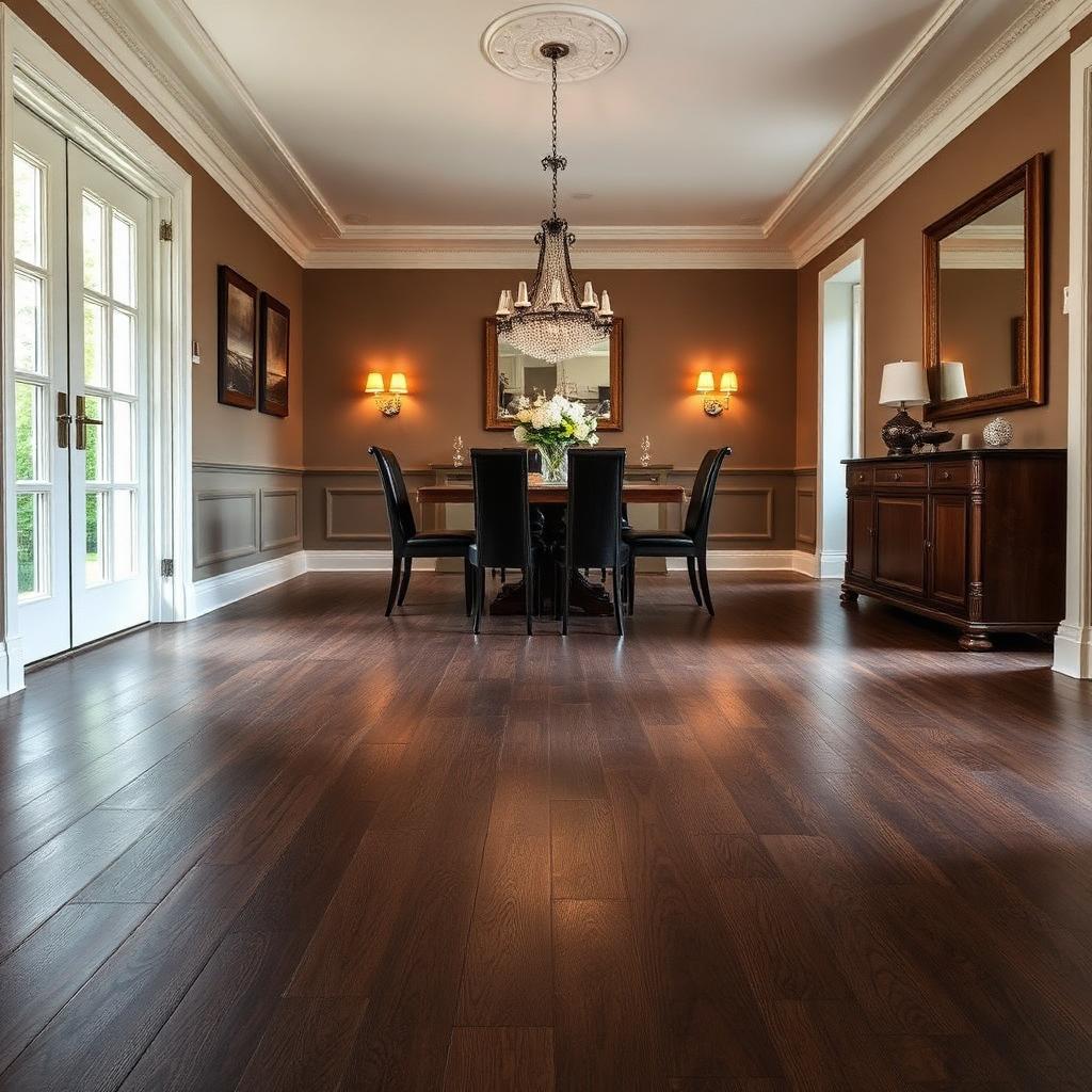 Dark hardwood flooring in a formal dining room